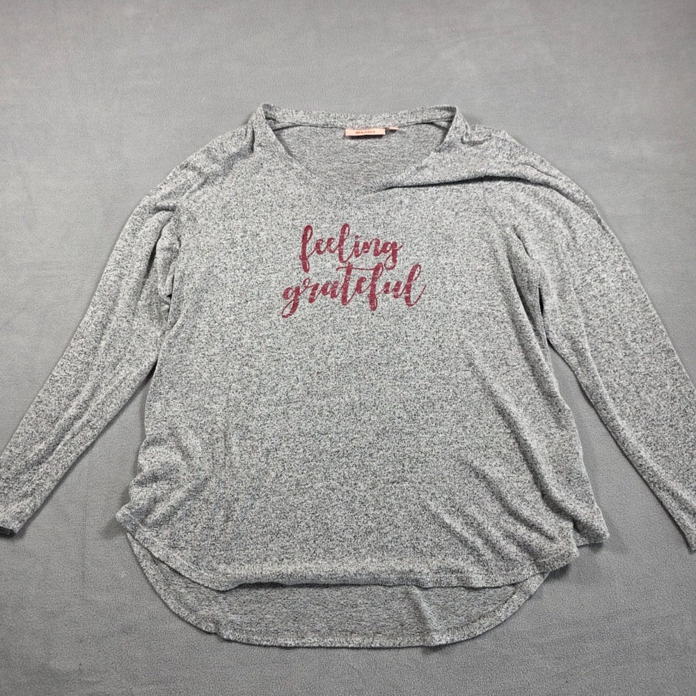 EVRI Top Women 0X Gray Graphic Pullover Heathered Knit Long Sleeve